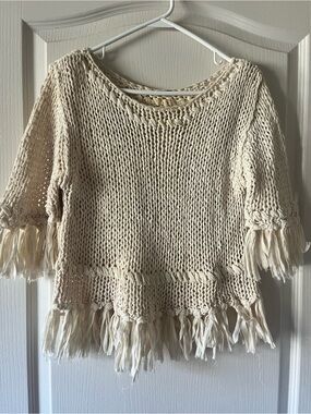 Free People Cream Crochet Fringe Crewneck Sweater